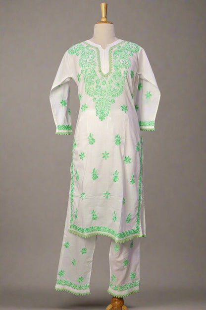 Alnoora Hand Embroidered Mulmul-Cotton Lucknowi Chikankari Straight Kurta Set