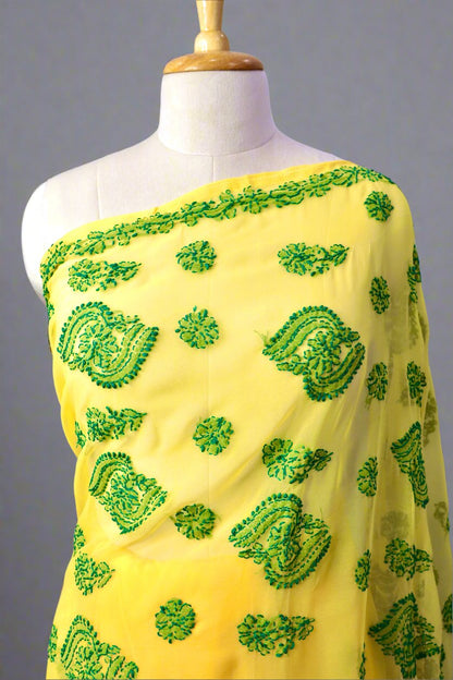 Alnoora Hand Embroidered Haldi Yellow Georgette Lucknowi Chikankari Saree