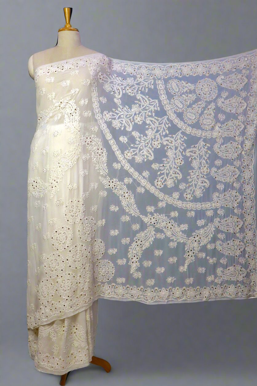 Alnoora Hand Embroidered Mukaish Work White Viscous Georgette Lucknowi Chikankari Saree .