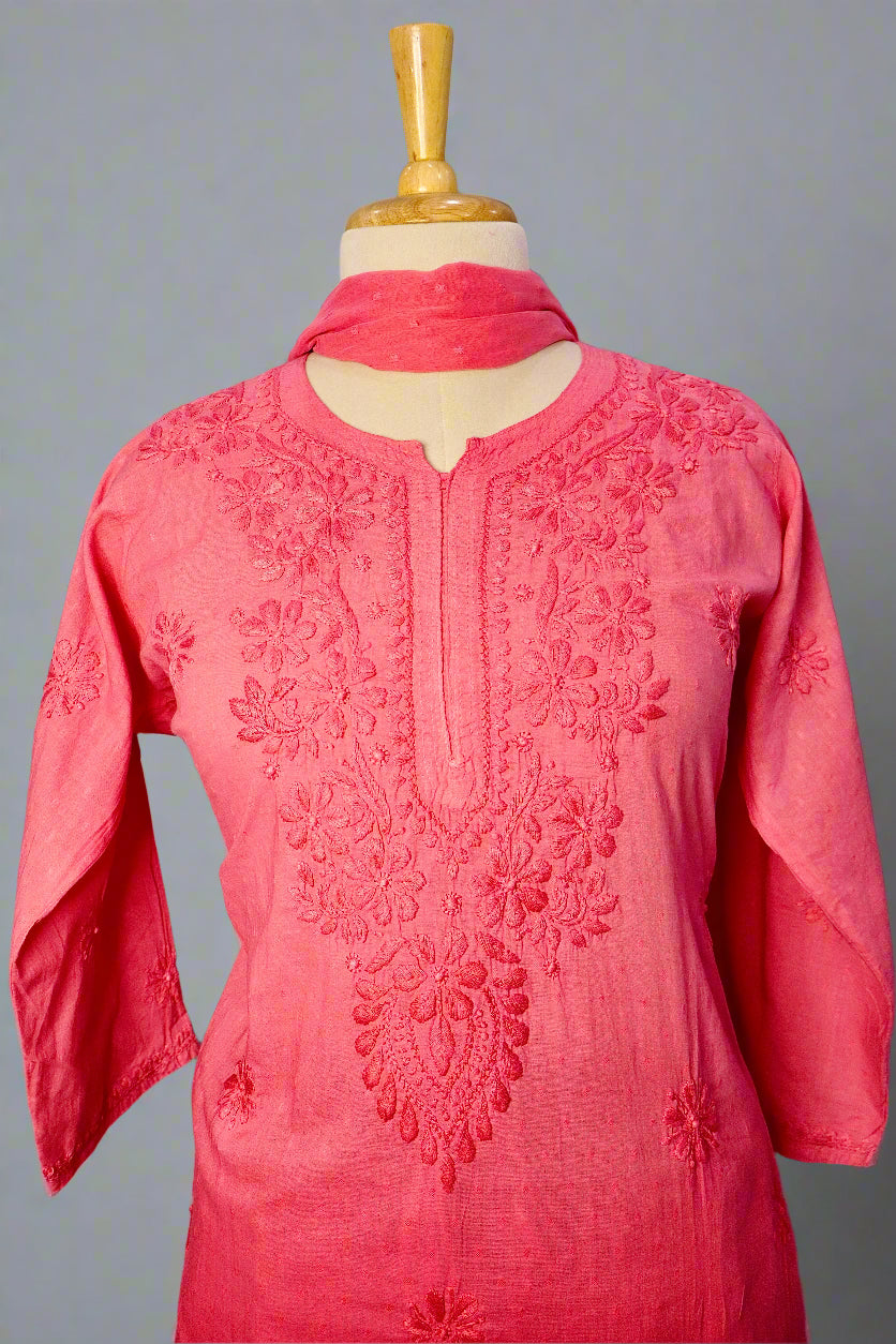 Alnoora Hand Embroidered Mul-Cotton Lucknowi Chikankari Suit Set