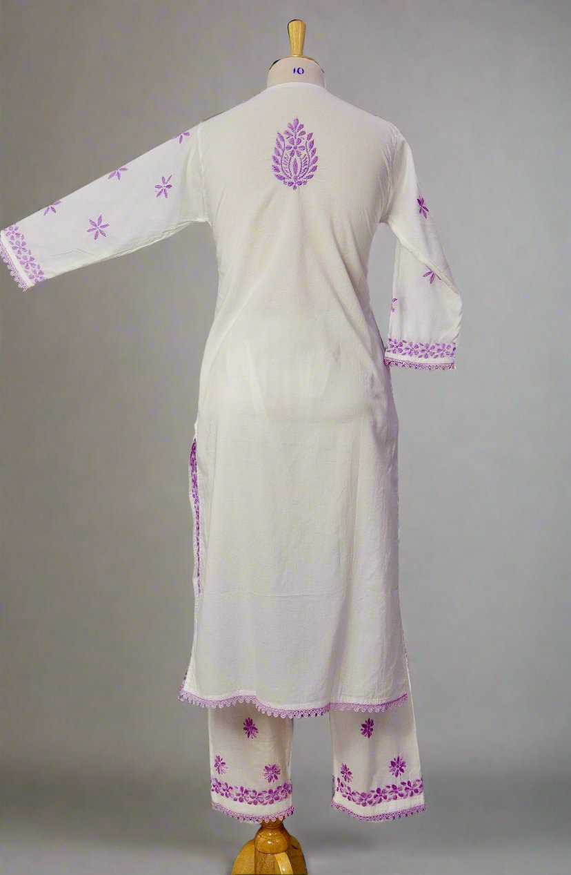 Alnoora Hand Embroidered Mulmul-Cotton Lucknowi Chikankari Straight Kurta Set