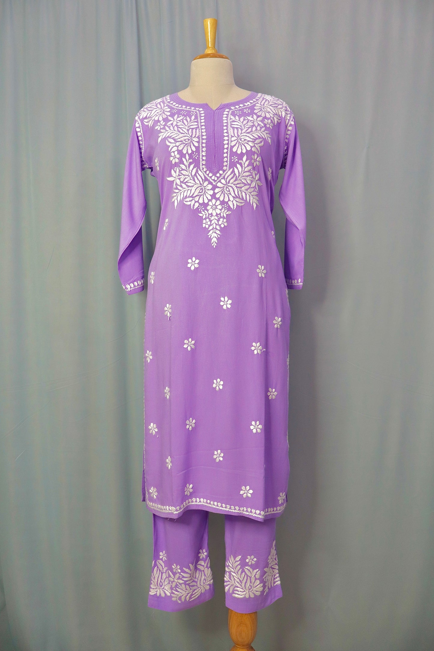 Alnoora Hand Embroidered Rayon Lucknowi Chikankari Straight Kurta Set