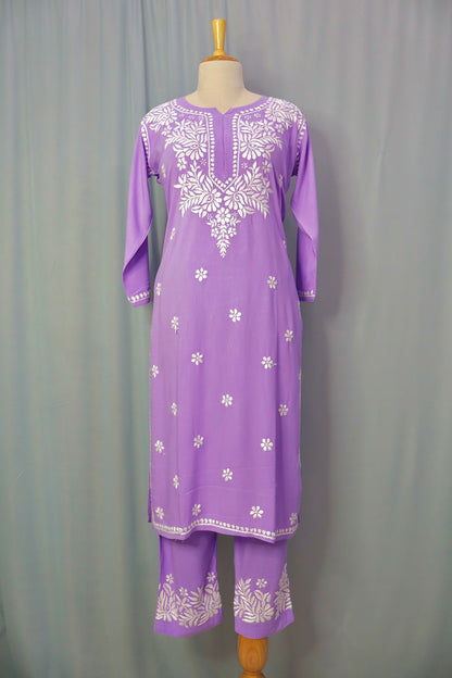 Alnoora Hand Embroidered Rayon Lucknowi Chikankari Straight Kurta Set