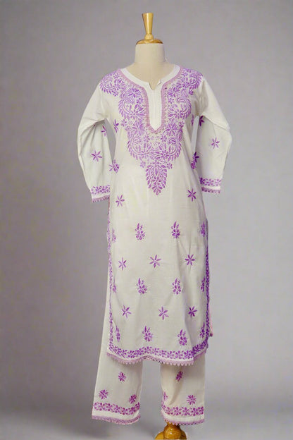 Alnoora Hand Embroidered Mulmul-Cotton Lucknowi Chikankari Straight Kurta Set