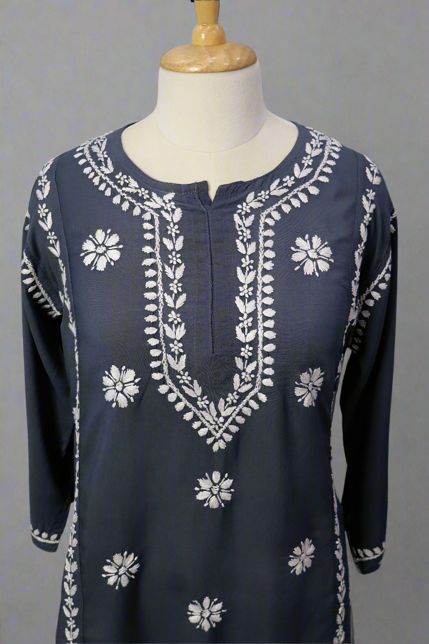 Alnoora Hand Embroidered Rayon Lucknowi Chikankari Short Kurti